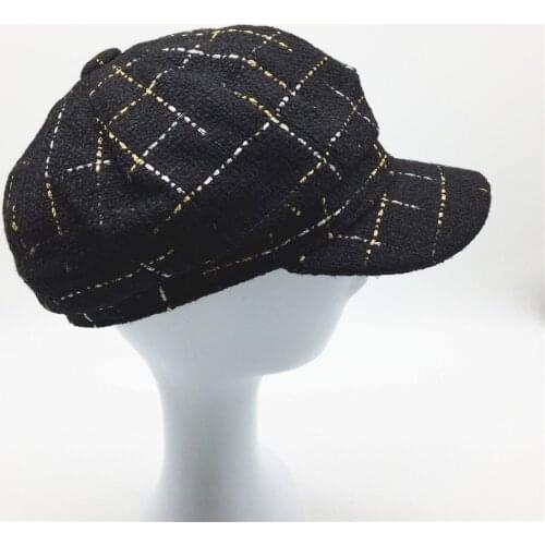 Women Plaid Tweed Baker Boy Hat with Gold and Silver Lurex Ladies Girls Black Checks Octagonal Hats Female Newsboy Winter Hats