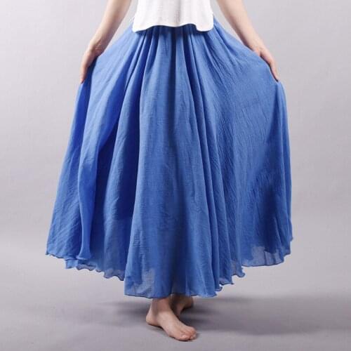 2021 Women Linen Cotton Long Skirts Elastic Waist Pleated Maxi Skirts Beach Boho Vintage Summer Skirts For Ladies