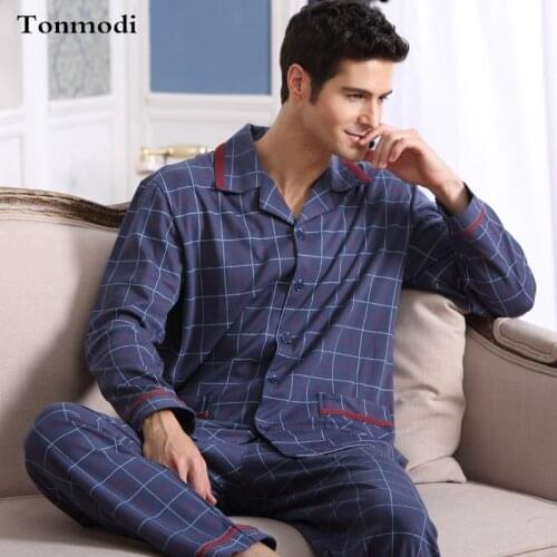 Mens Pajamas Spring Autumn Long Sleeve Sleepwear Cotton Plaid Cardigan Pyjamas Men Lounge Pajama Sets Plus size 4XL Sleep