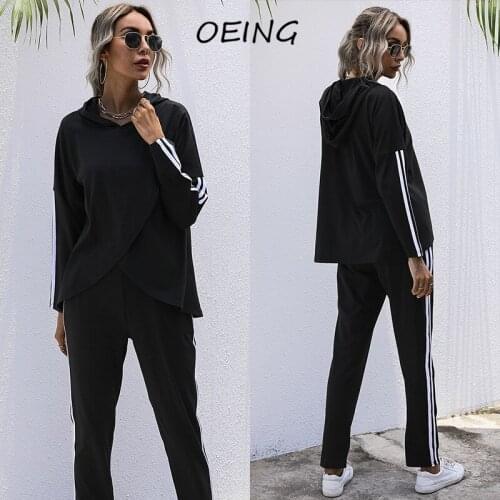 2021 Womens Two Piece Fall Sets Outfits Stripe Long Sleeve Hoodies Shirts and Pants Casual Tracksuits