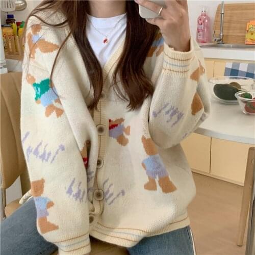 Women Cartoon Bear Cardigan Jacquard Sweater Autumn Winter Korean V-Neck Outwear Preppy Female Cardigans Oversized Jumpers