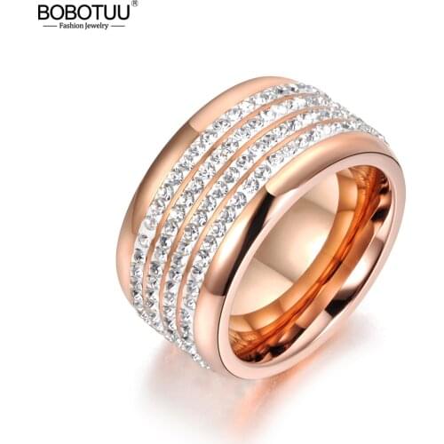 BOBOTUU Fashion 4 Row Black/Clear CZ Crystal Wedding Rings Jewelry Stainless Steel Rhinestone Engagement Ring Fow Women BR18036