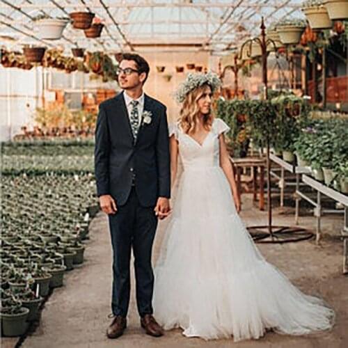 Vestido Boho Bridal Robe 2021 Flare Short Sleeve V Neck Beach Wedding Dresses A Line Floor Length Tulle Beaded Sash Bridal Gowns