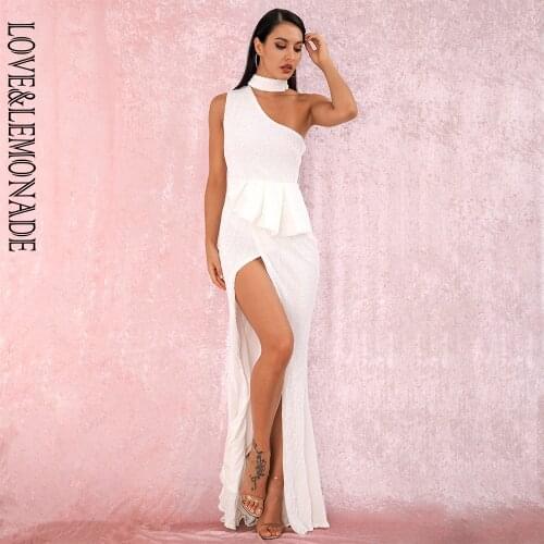 LOVE&LEMONADE A/W Sexy White Halter Strapless Shoulders Ruffled Split Elastic Sequins Sleeveless Party MAXI Dress LM81953