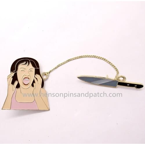 Custom gold metal hard enamel girl badge with knife chain pin