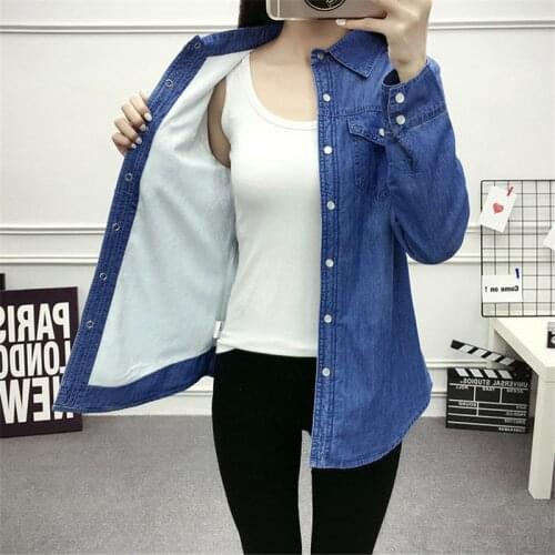 Winter Denim Blouse Women Warm Thicken Velvet Jeans Shirt Tops Female Long Sleeve Jeans Shirts Coat Blusas Plus Size 3XL AB1164