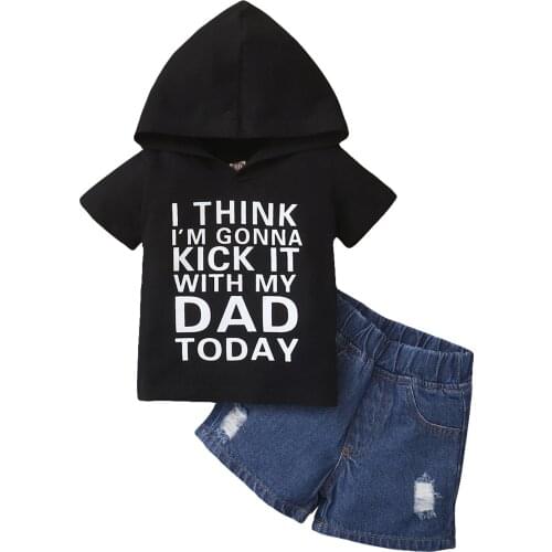 2Pcs Fashion Little Boys Outfit Summer Toddlers Creative Short Sleeve Letter Printing Hooded Top + Denim Shorts Set