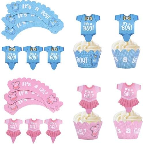 24Pcs Its a Boy/Girl Cake Topper Cupcake Wrapper Set Birthday Party Cake Decor Baby Shower Gender Reveal Party Supplies