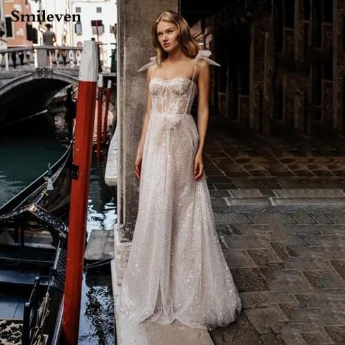 Smileven Shiny glitter Tulle Wedding Dress A Line Sweetheart Neck Bride Dresses StrapsBackless Wedding Gowns