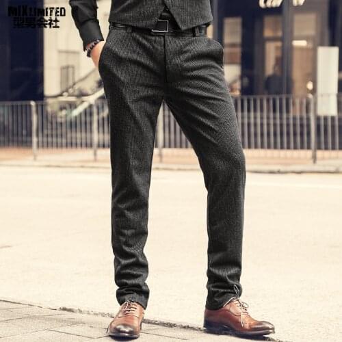 Mens Autumn and Winter New Texture Woolen Striped Trousers Mens Vertical Pattern Casual European Style Button Fly Pants K571-2