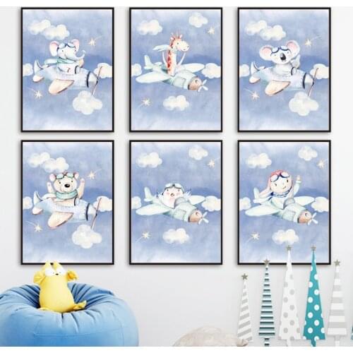 Blue Sky White Clouds Cartoon Animal Pilot Wall Art Canvas Painting Nordic Posters And Prints Wall Pictures For Kids Room Decor