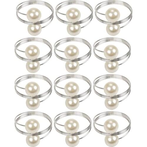 Hot 12 Pcs Pearl Napkin Buckle Hoop Napkin Rings Circle Serviette Holder for Wedding Hotel Supplies Table Decoration,Silver