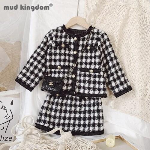 Mudkingdom Vintage Girl Sets Plaid Button Long Sleeve Outerwear A-line Elastic Waist Skirt Outfits Girls Spring Autumn Clothes