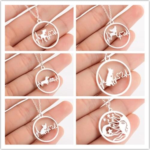 Korean Trend Fashion Ladies Round Geometric Pendant Necklace Stainless Steel Gold Cat and Dog Necklace Jewelry Christmas Gift