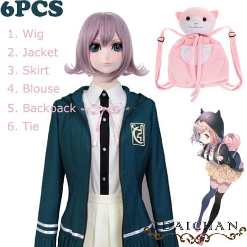 6PCS Sets Danganronpa Chiaki Nanami Cosplay Costume Dangan Ronpa Uniform Jacket Blouse/Shirt Skirt Cosplay Wig Tie Cat Backpack