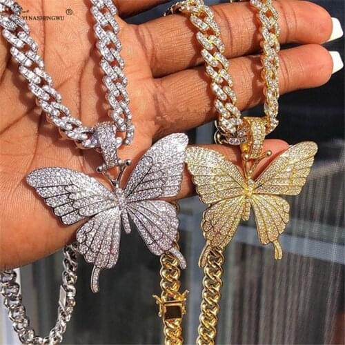 Ice Out Golden Silver Color Zirconia Paved Bling Butterfly Pendants Necklaces Tennis Chain for Men Women Hip Hop Choker Jewelry