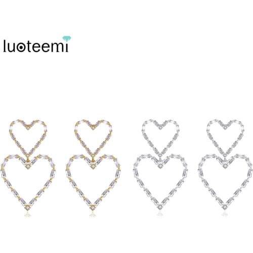 LUOTEEMI Big Drop Earrings Cubic Zircon Double Heart-Shaped Fashion Jewelry for Women Wedding Dating Boucle D'Oreille Femme Gift
