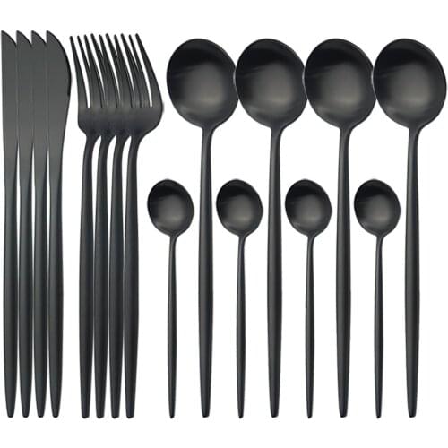 Western 16Pcs/Set Black Cutlery Set 18/10 Stainless Steel Dinnerware Set Knives Forks Spoon Tableware Set Kitchen Silverware Set