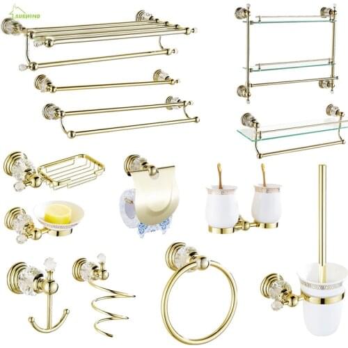 Solid Brass Bathroom Hardware Sets Gold Polished Wall Bathroom Accessories Crystal Bathroom Products acessorios para banheiro