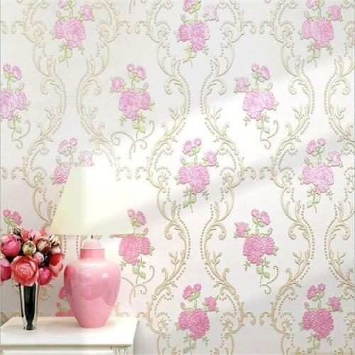 Beibehang European-style 4D pressure pastoral non-woven wallpaper living room girl bedroom wedding room warm pink wallpaper