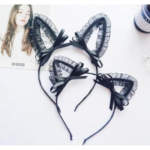 Cute Mesh Lace Cat Ear Hairbands Simple Solid Ribbon Bow Rabbit Ears Hair Bands For Women Headwear Girls Accessory