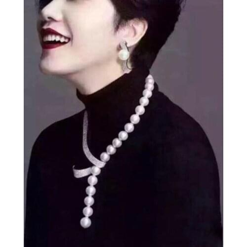 Free shipping set of 9-10mm round white pearl necklace &earring