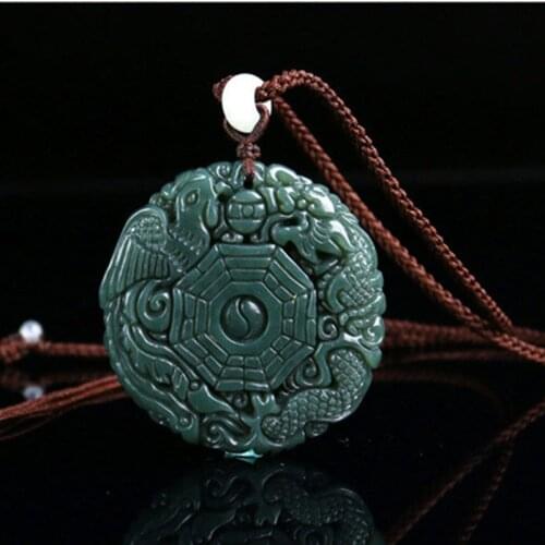 Natural Green Real Stone Pendant Carved Chinese Dragon Phoenix and BaGua Pendant Necklace Mens Jewelry Free Rope