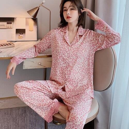 Leopard Print 2pcs Pajamas Sets Spring New Lady Long Sleeve Sleepwear Sleep Suit Pijamas Intimate Lingerie Lce Silk Nightwear