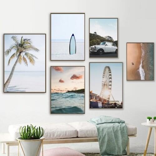 Beach Coastal Nordic Posters and Prints Ocean Wall Art Canvas Painting Beach Landscape Wall Pictures Pale Bedroom Home Decor