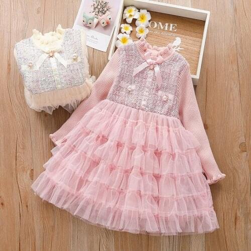 2021 New Arrival Pink Princess Birthady Flower Baby Girl Sweater Dresses For Winter