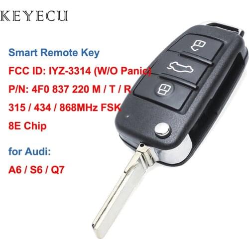 Keyecu Remote Control Car Key Fob FSK 315MHz/434MHz/868MHz 8E Chip for Audi A6 S6 Q7 2004-2015 FCC ID: IYZ 3314 P/N: 4F0837220R
