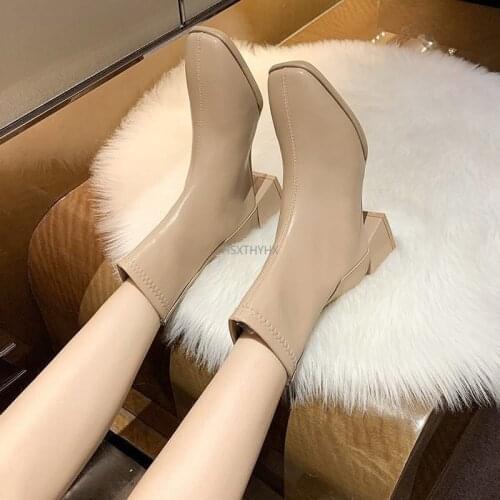 Luxury Brand Women Beige 7cm Block High Heels Ankle Boots 2020 Winter Female Square Toe Chelsea Boots High Quality Short Boots