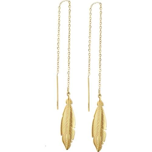 Lureme Simple Stainless Steel Long Tassel Feather Dangle Earrings Thread Chain Leaf Earrings