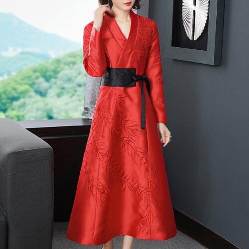 Autumn And Winter Vintage Style V-Neck Embroidery +Splicing Slim High Waist Long Lady Evening Party Dress S-2XL