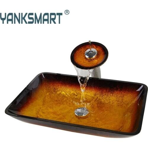 YANKSMART New Gold Bathroom Sink Washbasin Bath Set Faucet Mixer Taps Tempered Glass Hand Painted Waterfall Spout Basin Tap