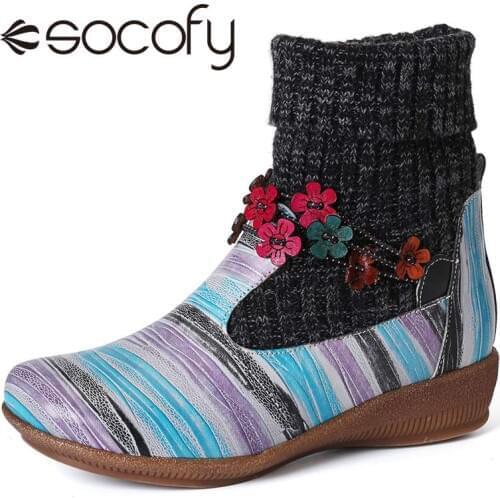 SOCOFY Womens Boots Colorful Stripes Genuine Leather Splicing Flowers Decorate Flat Socks Boots Warm Fashion Winter New 2021