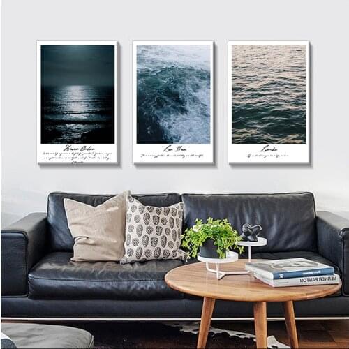 Modern Sea Landscape Canvas Painting, Dark Blue Wave Poster, Spray Printing Mural, Letter Canvas Painting, Club Home Decoration