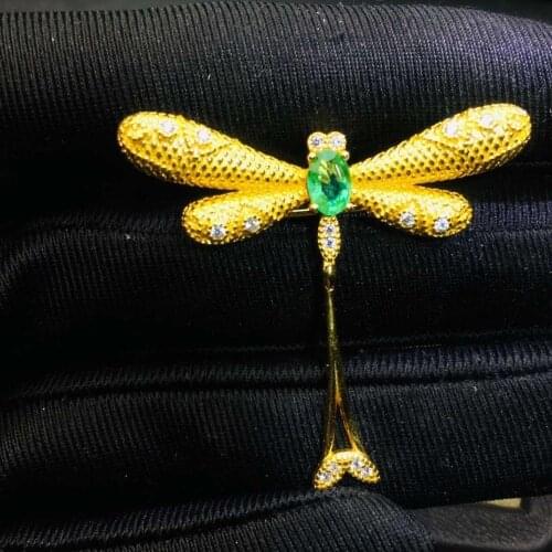Dragonfly Emerald brooch pins Pendant Free shipping gemstone Natural real emerald 925 sterling silver