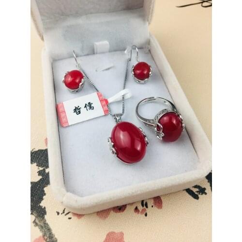 Jewelry 925 Silver Inlay Natural Red Agate Pendant Necklace Fashion Ring Earring Set Send A Certificate