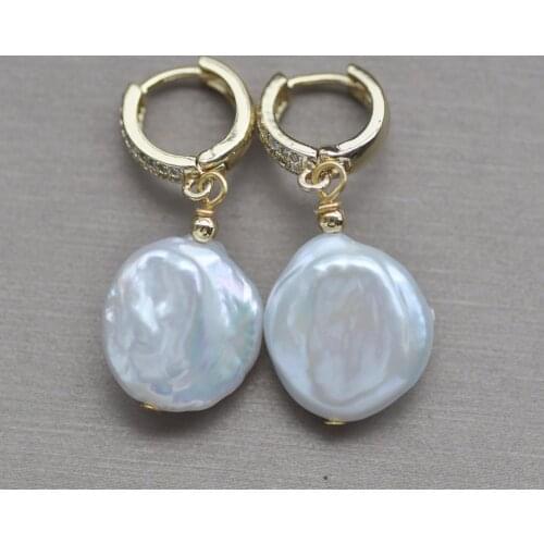Z10800 16mm White Baroque Coin Keshi Pearl Dangle Earring CZ