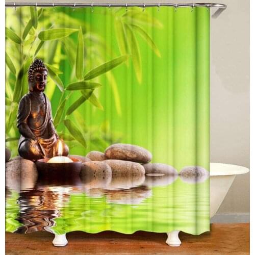 Green bamboo leaves white stone yellow bronze Buddha statue white candle on blue background Waterproof bathroom curtain antibact
