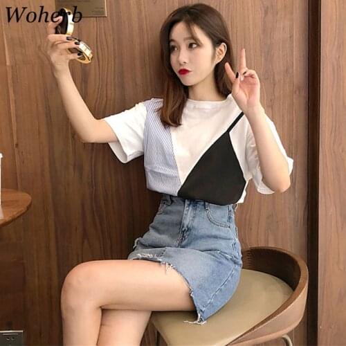 Woherb Summer 2021 Korean T Shirt Women Striped Patchwork Tops Harajuku Woman Clothes Graphic Tees Kawaii T-shirts 21137