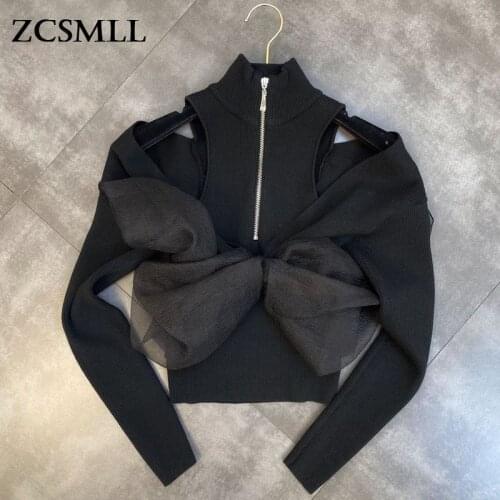 ZCSMLL 2021 Fall Strapless Long-sleeved Long Zipper and Yarn Three-dimensional Bow Niche Knitted Women Fashion Sweater