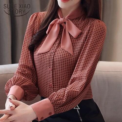 2021 New Fashion Women Plaid Chiffon Blouse Women Tops and Blouses Bow Collar OL Style Long Sleeve Female Women Shirts 2413 50