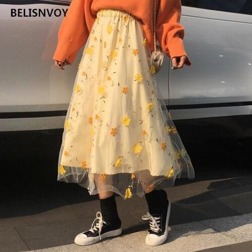 Summer Elegant Chiffon Mesh Patchwork Skirts For Women Yellow Floral Embroidery Skirt Sweet High Waist Korean Chic Tulle Skirt