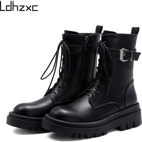 LDHZXC 2020 Chunky Motorcycle Boots For Women Rubber Sole Fashion Combat high heel ankle Boots With Heel Platform Spring Autumn
