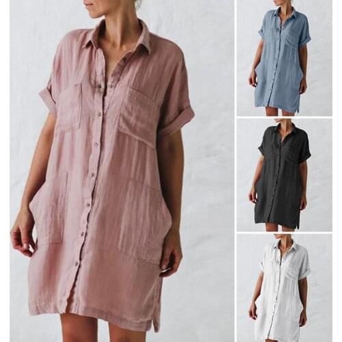 2021 New Fashion Loose Women Short Sleeve Buttons V-neck Irregular Pocket Shirt Type Dress Streetwear Women Clothes 5XL