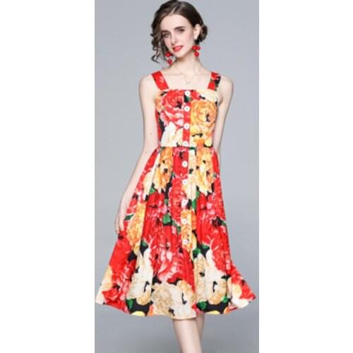 2021 Fashion Runway Summer Holiday Sexy Dress Women Spaghetti Strap Buttons Backless Floral Print Elegant Party Midi Dress