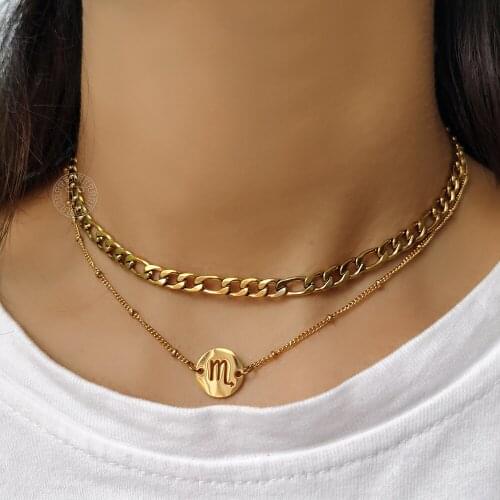 12 Constellation Zodiac Sign Coin Charm Pendant Choker Necklace for Women Stainless Steel Curb Cuban Satellite Chain DN274