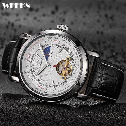 Automatic Mechanical Watch for Men Black White Sliver Dial Skeleton Watches Leather Wristwatch High Quality Mechanical Clock